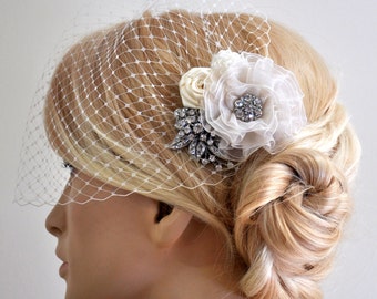 Birdcage Veil (Bandeau style) set with hair Fascinator (2 Items) , Hair Accessory,wedding veil, Bridal hair piece ,