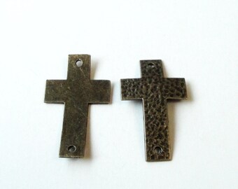 Brass Cross Bracelet Connector - Hammered Cross Curver - Sideways Link - Cross Charm Pewter - 2 Holed - 4 Pcs - DIY Jewelry - Bulk Options