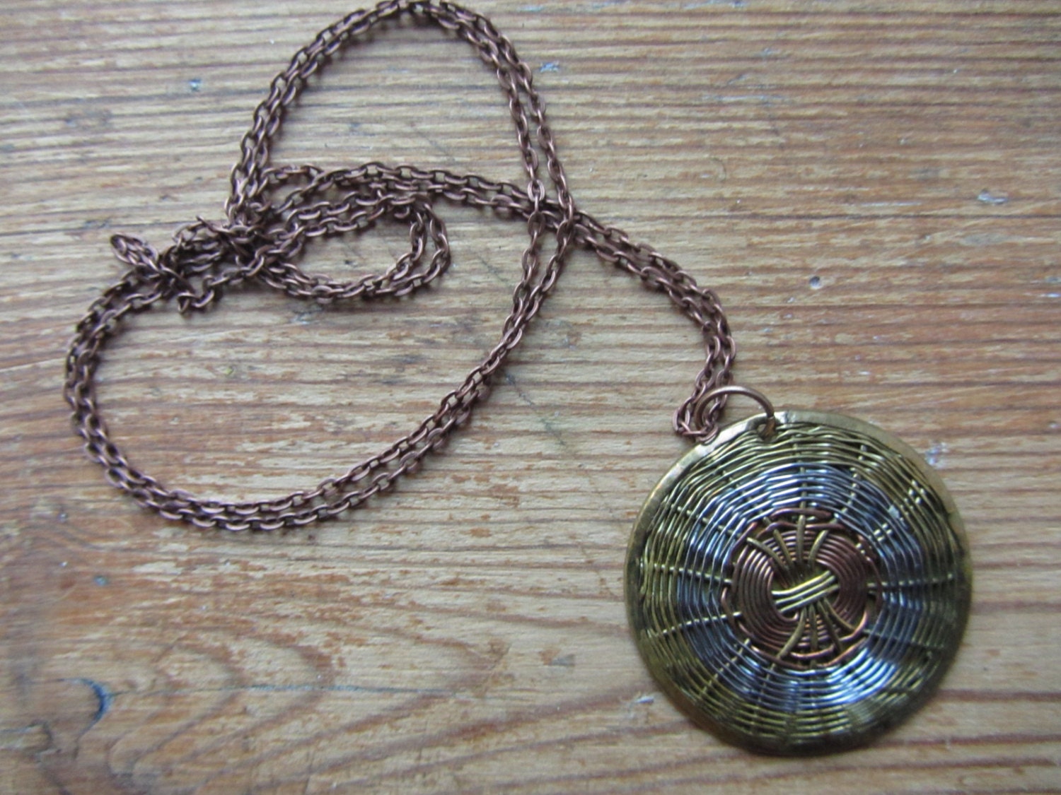RESERVED Woven Wire Pendant, Copper and Brass Beadage