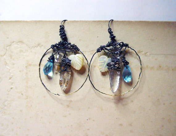 Rustic Beaded Earrings - Assemblage Wire Wrapped Hoops - Faceted Blue VIntage Plastic, Clear Quartz, MOP Hearts, Stars, Textured Brass
