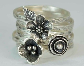 Sterling Flower Rings, Pod Poppy Forget Me Not Rings, Anemone, Metalsmith Jewelry