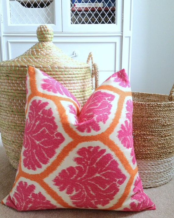 Pink and Orange Ikat Pillow Cover Designer Pillow 18 x 18