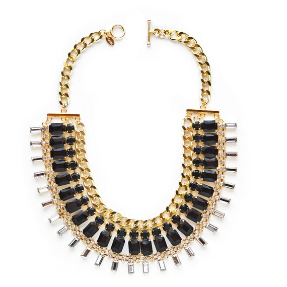 Items similar to The Cleo Rhinestone Statement Necklace - Black/Gold ...