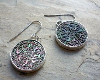 Peace Symbol Earrings, Sterling Silver Shell Earrings, Round Shell Earrings, Carved Shell Earrings, Dangle Silver Earring, Shell Earring