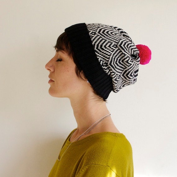 beanie pom pom neon Neon Pink Black Slouchy with Pattern, Pom Wool Beanie, White Pom &