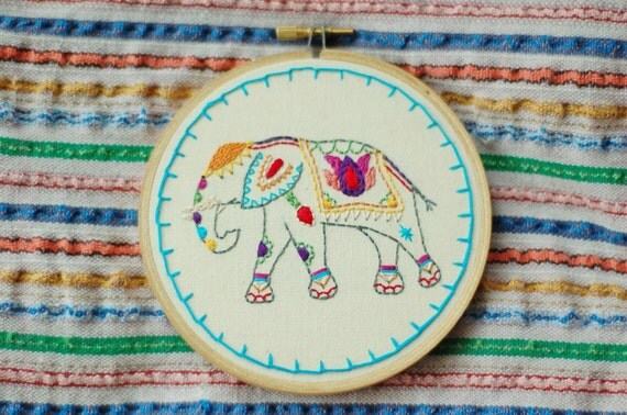 Hand Embroidered Painted Elephant. Custom 5" Embroidery Hoop Art. Hand Stitched Fiber Art. Hand Made By Hoopla.