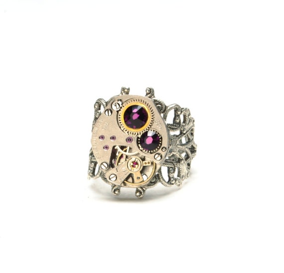 FEBRUARY Steampunk Ring AMETHYST Steampunk Jewelry Silver Watch Filigree Ring Size 6 to 11 Victorian Steampunk Jewelry VictorianCuriosities by VictorianCuriosities steampunk buy now online FEBRUARY Steampunk Ring AMETHYST Steampunk Jewelry Silver Watch Filigree Ring Size 6 to 11 Victorian Steampunk Jewelry VictorianCuriosities by VictorianCuriosities steampunk buy now online