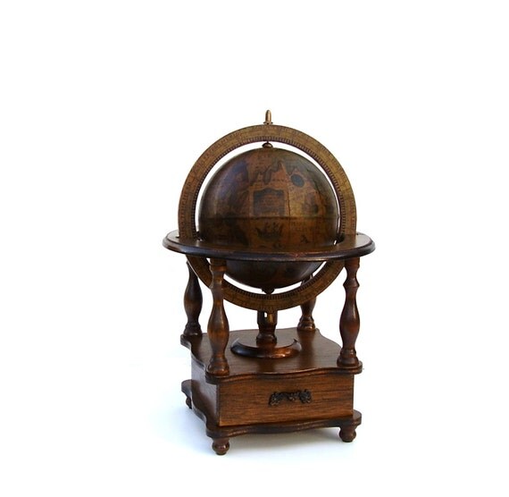 Vintage Old World Globe Music Box Wood Desk Globe