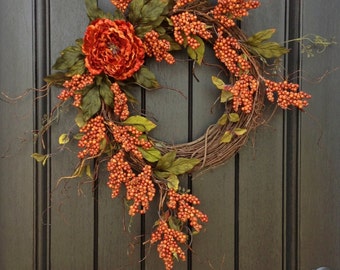 Fall Wreath Autumn Thanksgiving Orange Berry Twig Grapevine Door Wreath Decor "