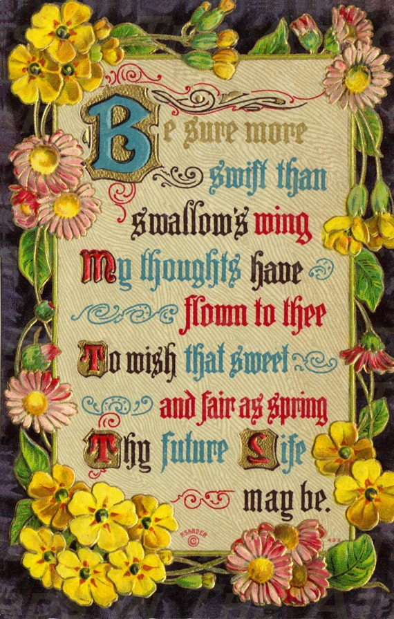 Best Wishes Verse Poem flowers - Antique Postcard -  Digital Hand Designed Art - Scrapbooking, Card Making & Craft - PRINTABLE DOWNLOAD