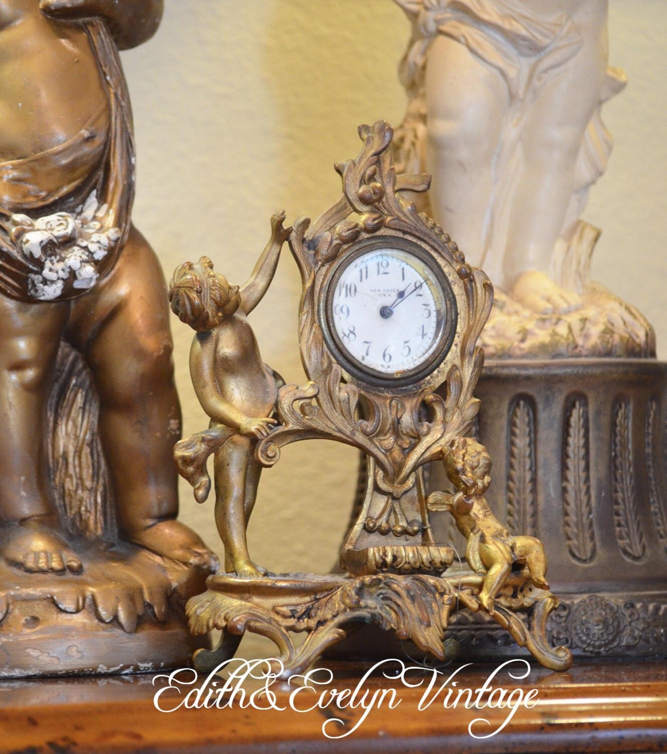Antique Cherub Clock New Haven Brass Mantle Clock