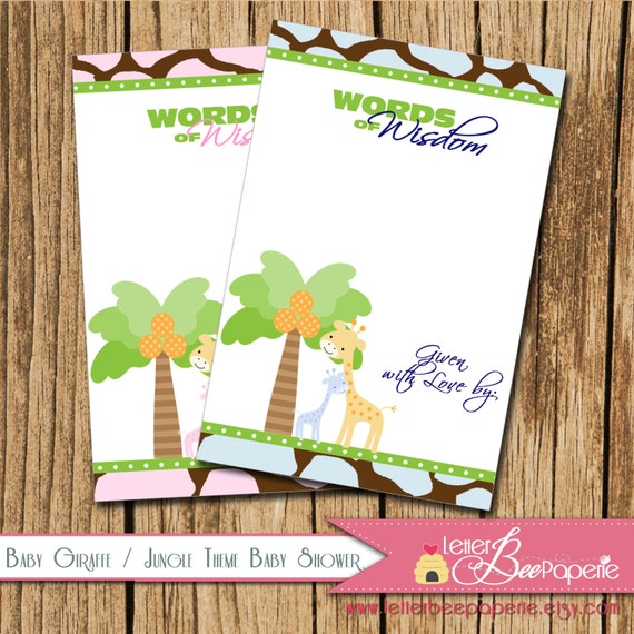 Baby Giraffe / Jungle Theme Custom Words of Wisdom Baby Advice Cards - DIY Party Printable - Boy/Girl/Gender Neutral - Pick Your Colors Il_570xn