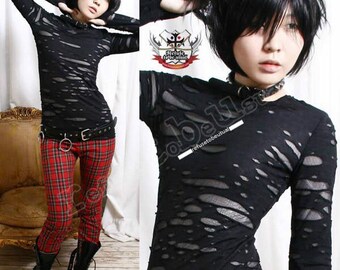 RTBU Gothic Punk Rocker Distressed Broken Mummy Corroded Raggedy Sheer Thumb Hole Mitten Shirt Top Unisex