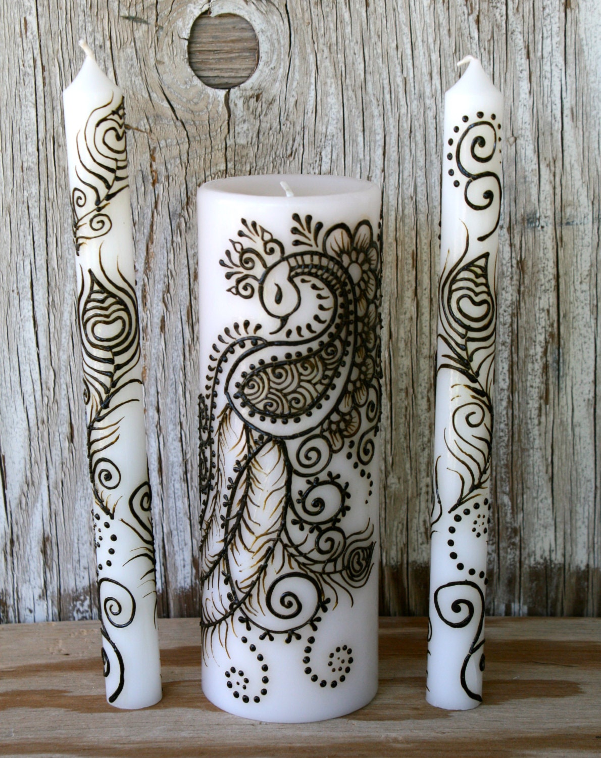 Henna Peacock Unity Candle Set For Weddings 9076