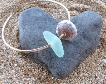 Gold Bangle, Aqua Sea Glass, Hawaiian Puka or Cone Shell, Hammered Thick 12 Gauge, Surfer Girl, Hawaii Beach Jewelry, Handmade Maui, Mermaid