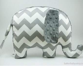 Chevron Elephant Nursery, Organic Cotton, Elephant Pillow, Modern Nursery Decor, charcoal gray chevron