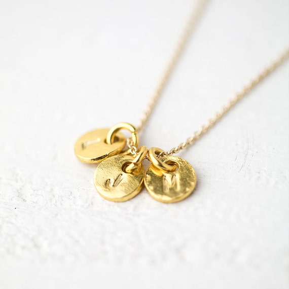 Gold Monogram Necklace / Three Hand Stamped Initials