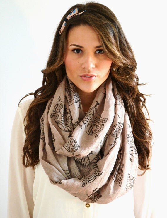Happy Owls Taupe with Owls Chunky Infinity Loop Circle Scarf
