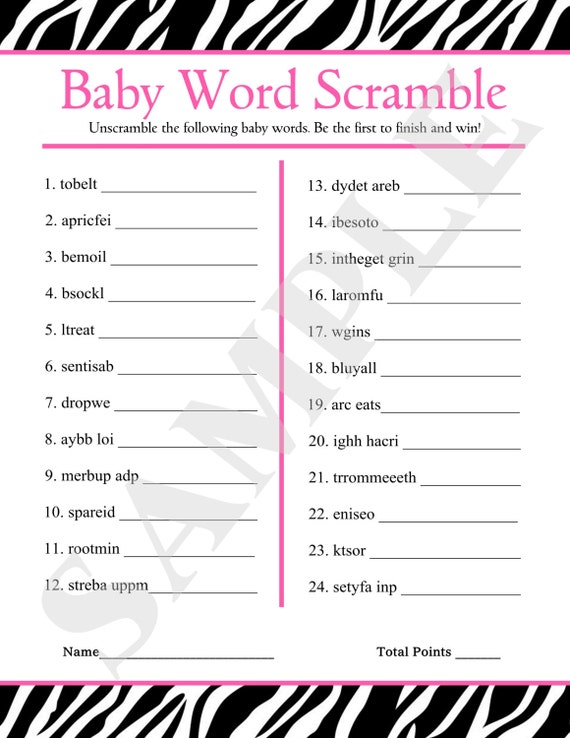 Instant Download Printable Baby Word Scramble Pink Zebra