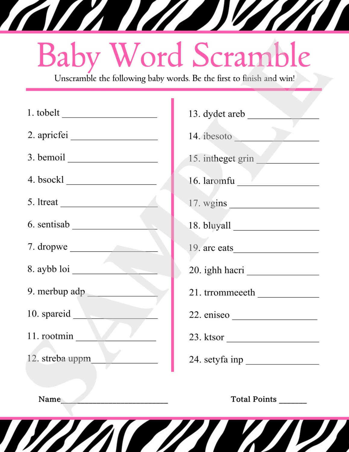Instant Download Printable Baby Word Scramble Pink Zebra
