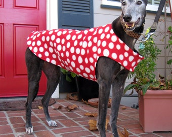 Greyhound Dog Coat & Jacket, Various Sizes, Red and White Polka Dot Fleece with Black Fleece Lining or Pick Your Polka Dot Color