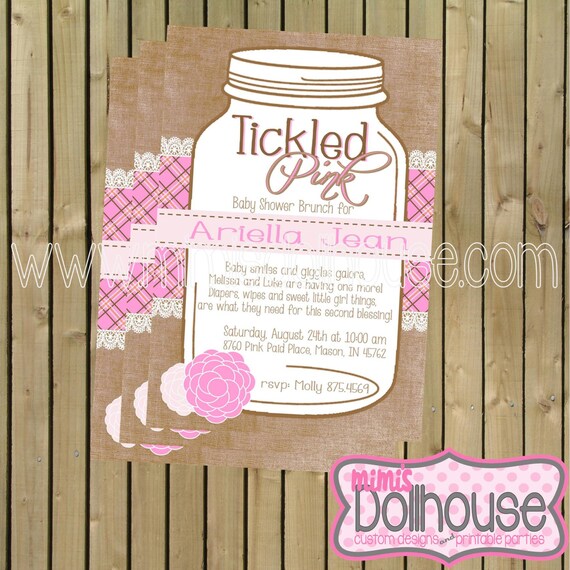 Vintage Mason Jar Invitation- Printable Tickled Pink Baby Shower Invitation- Vintage Invitation PDF/JPEG Il_570xn