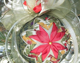 EASY No-Sew Folded Quilted Flower Christmas Ornament PDF Pattern with Simple Bow Instructions. Instant download!
