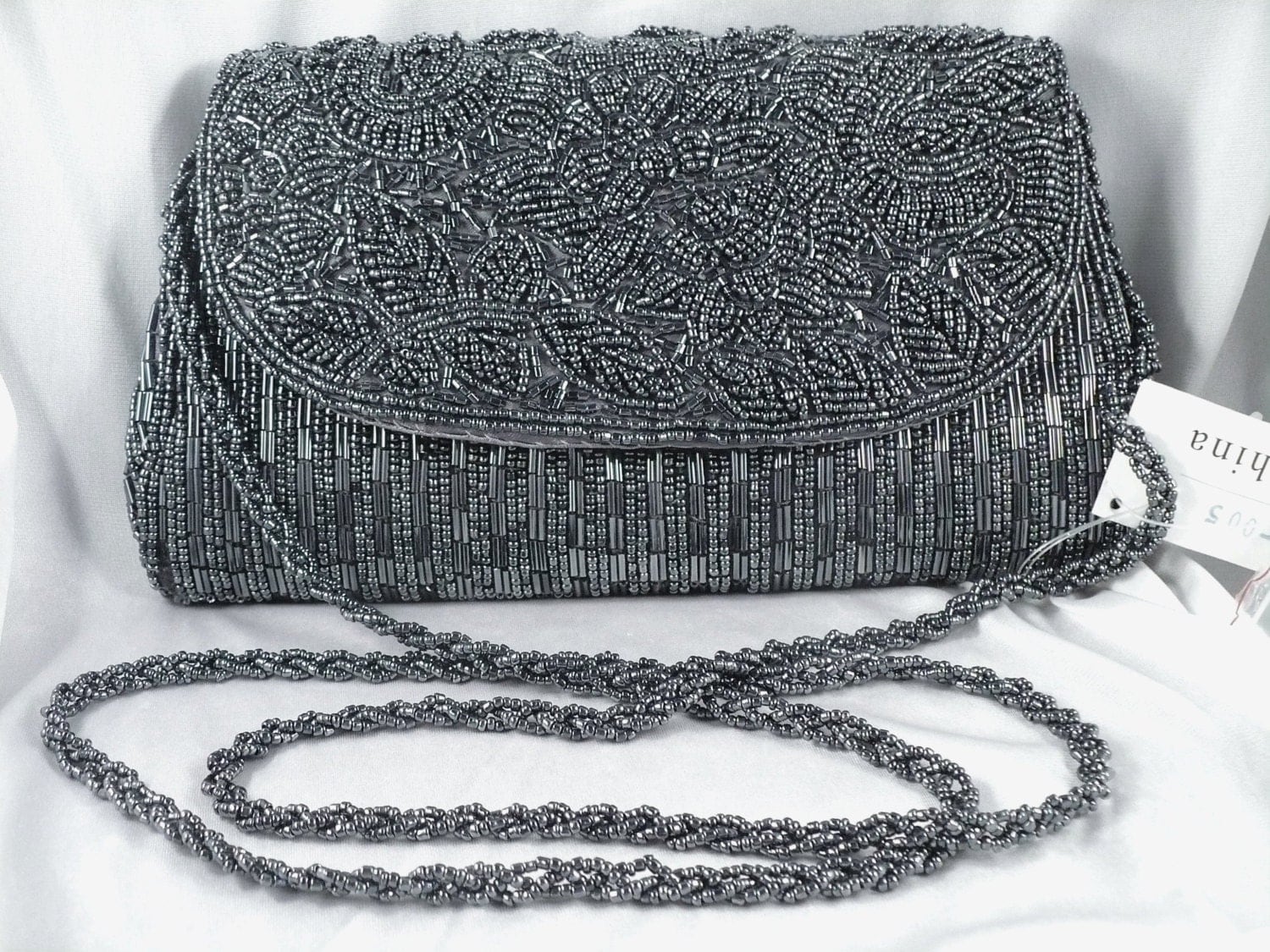 Stunning Charcoal Gray Evening Bag HandBeaded Shoulder
