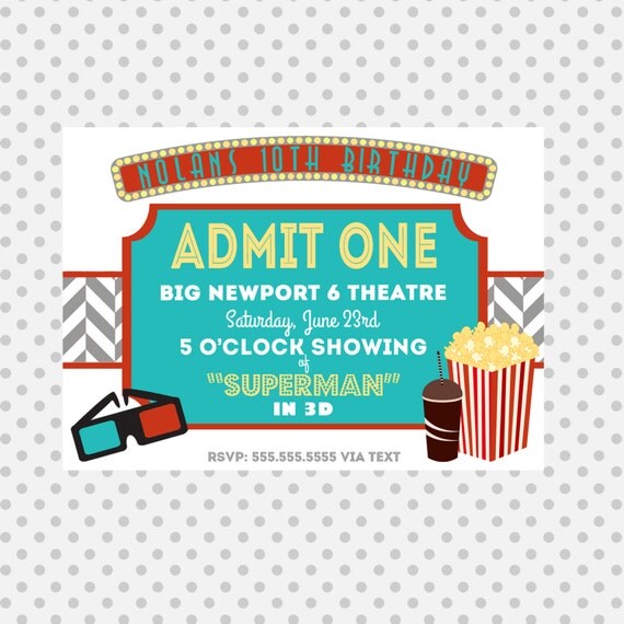 Movie Theater Party Invitation - Cinema and Theatre - Party Supplies Il_570xn