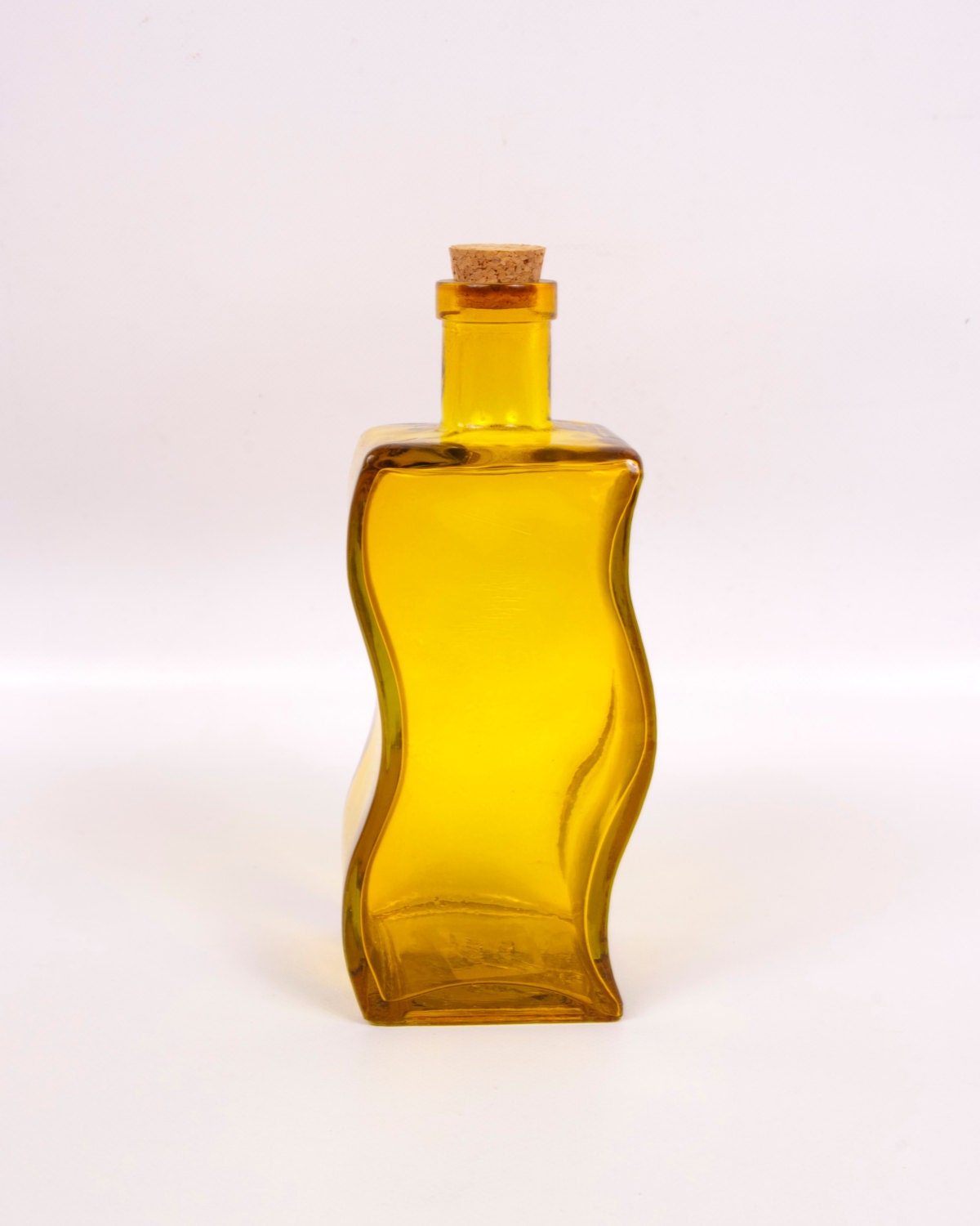 Vintage Amber Glass Bottle Curvy Oil Cruet Gold Jar Cork