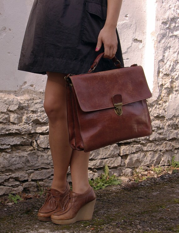 Vintage leather handmade Italian briefcase, leather laptop case