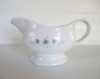 Gravy Boat ~ Vintage Pfaltzgraff Pottery Pitcher, Blue Roses 'Poetry' Pattern Stoneware Server / Country Cottage Shabby Chic Farmhouse Decor