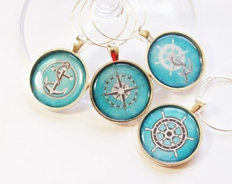 Nautical, Sailing Wine Charms, Wine Glass Charms, Wine Charms, barware, Nautical Housewares, table setting, Blue, anchor, compass (3035)