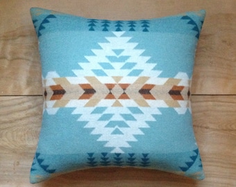Wool Pillow - Turquoise Aqua - Native Geometric Tribal Southwest Western Arrow