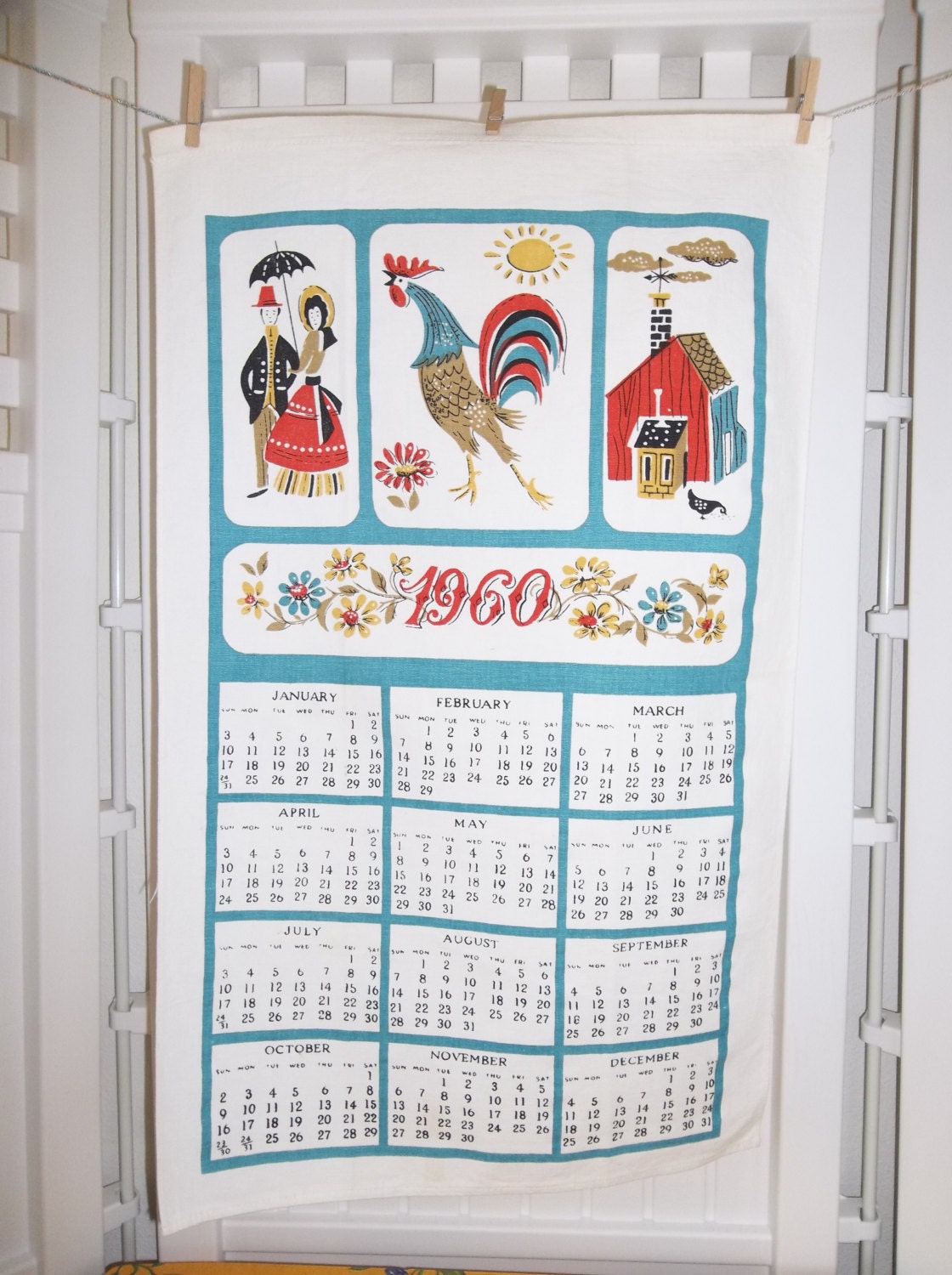 RESERVED 1960 vintage linen calendar towel with 'dowel