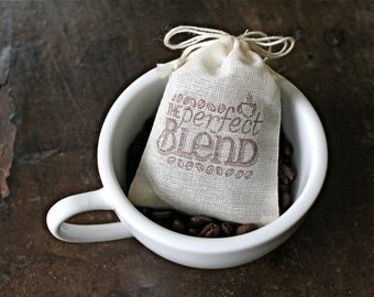 Wedding favor bags, set of 50 coffee or tea favor bags. The Perfect Blend with coffee bean design in brown. Coffee wedding or party favors.