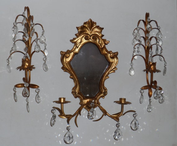 Items similar to Italian Gold Gilt Tole Wall Sconces Crystal Candelabra with Mirror Set of Three ...