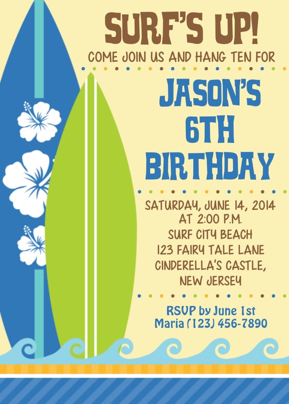 Surf's Up Invitation Personalized Custom Surfboard