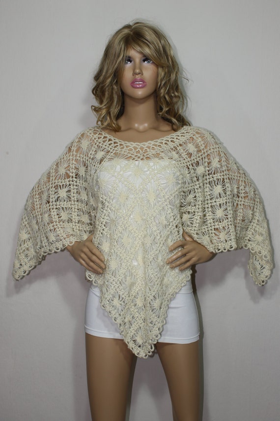 Hand Crochet Poncho Ivory Poncho Rectangular Poncho Shawl