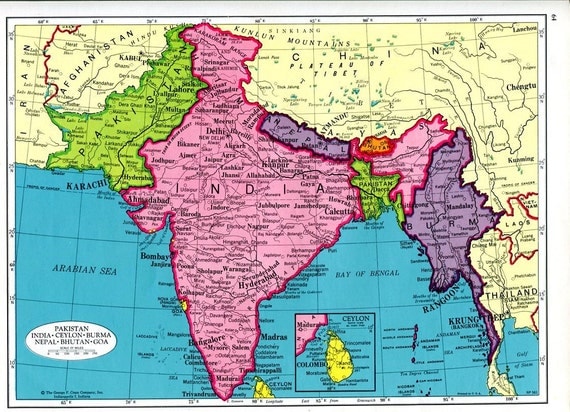 Items similar to India South Asia Map and Afghanistan Map 1960s Cram ...