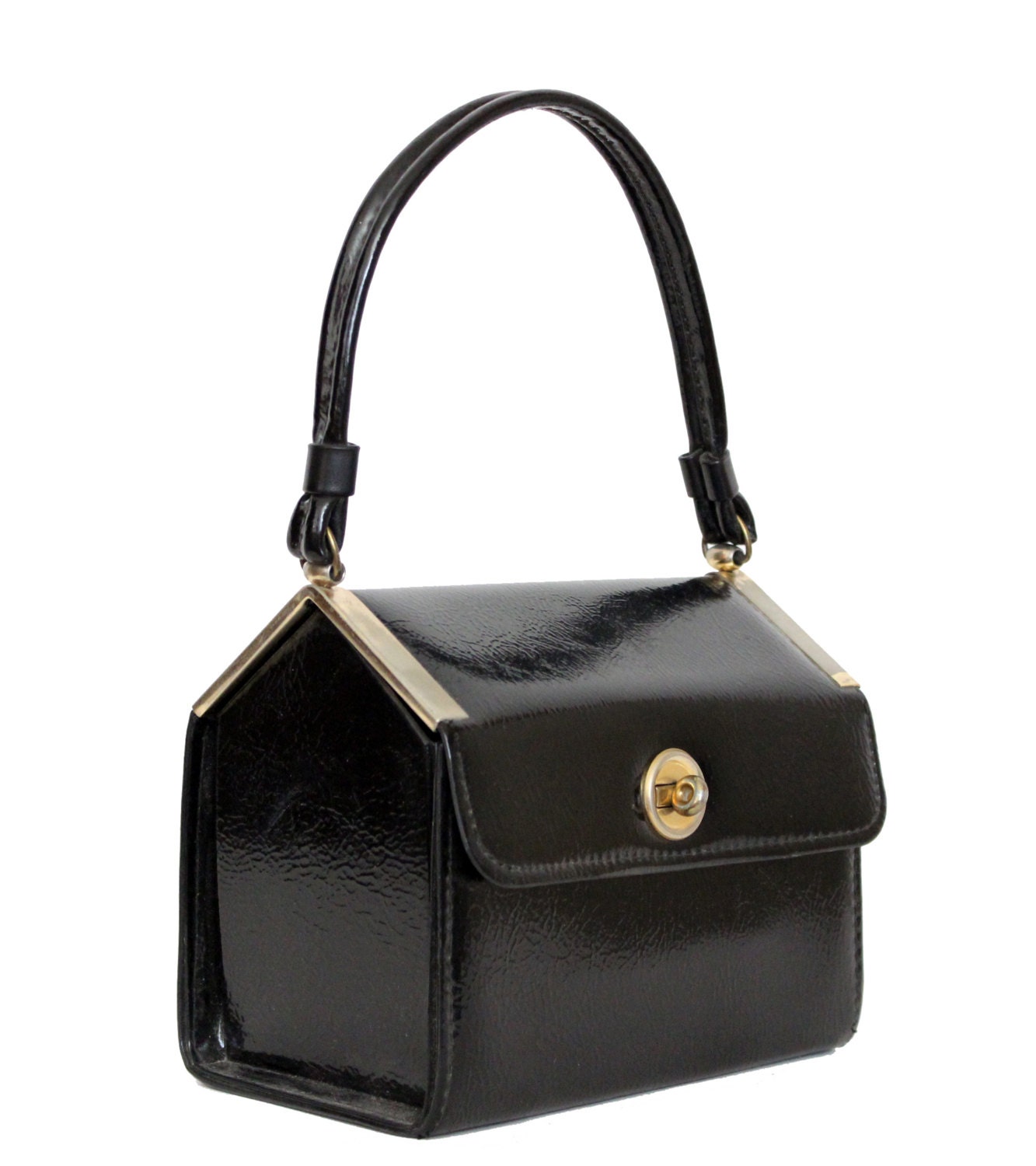 Vintage Purse / Black / Patent Leather / Hand Bag / 1950s 50s