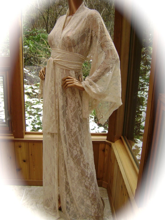 Lingerie Kimono Robe In Nude Floral Lace Mesh With Matching