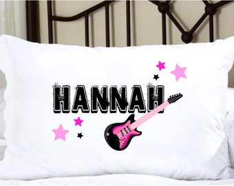 Personalized Pillow with Rockstar Theme, Guitar in Pink and Black