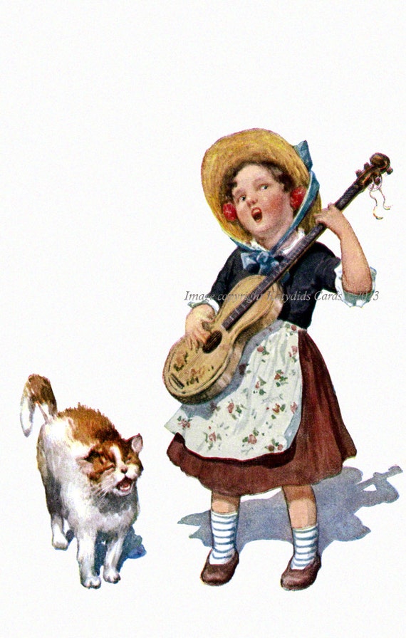 Girl with Guitar Plays Fabric Block - Cat Sings Along - Repro from