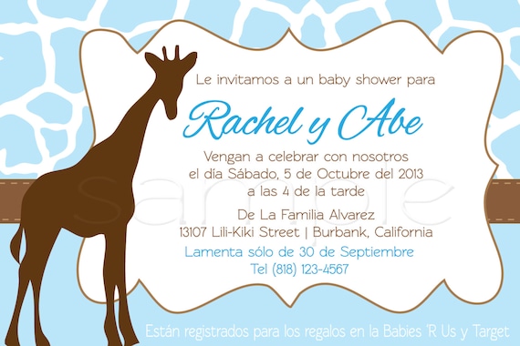 Items similar to Spanish Giraffe Baby Shower Invitations ...