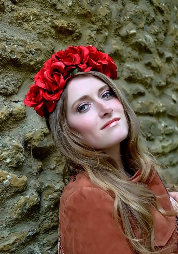 Floral crown flower crown rose crown headband wreath with red silk roses festival - 'Amor'