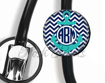 Stethoscope ID tag Personalized, Personalized Navy and Teal Anchor Chevron Monogram Stethoscope ID tag - 0086-S