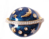 Swarovski Signed Brooch Guilloche Enamel, Crystals, Moon and Stars Gold Plated High Fashion Pin
