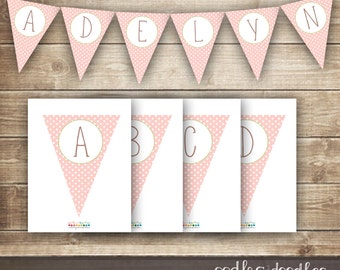 Pink & Green Polka Dots Pennant Banner / diy Bunting / Girl's Birthday, Baby Shower / Create Your Own A- Z / INSTANT DOWNLOAD - Printable