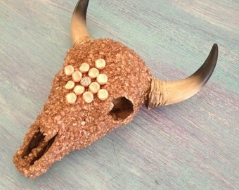 Coppertone Decorated Cow Skull Embellished with Rock Chips & Metal Pieces